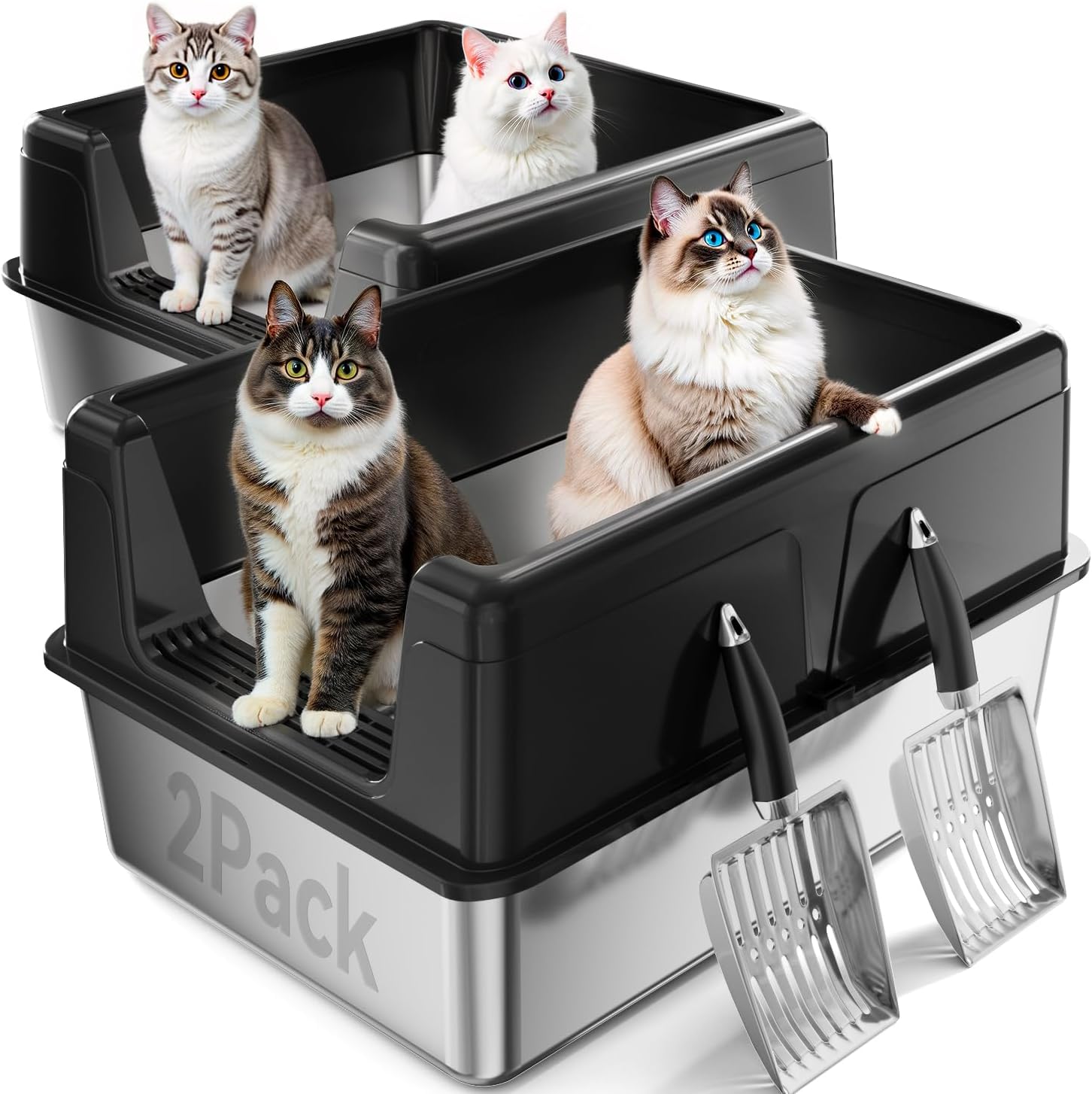 Two cat litter boxes with cats inside and two scoops on a white background at Pet Servo