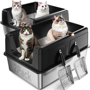 Two cat litter boxes with cats inside and two scoops on a white background at Pet Servo