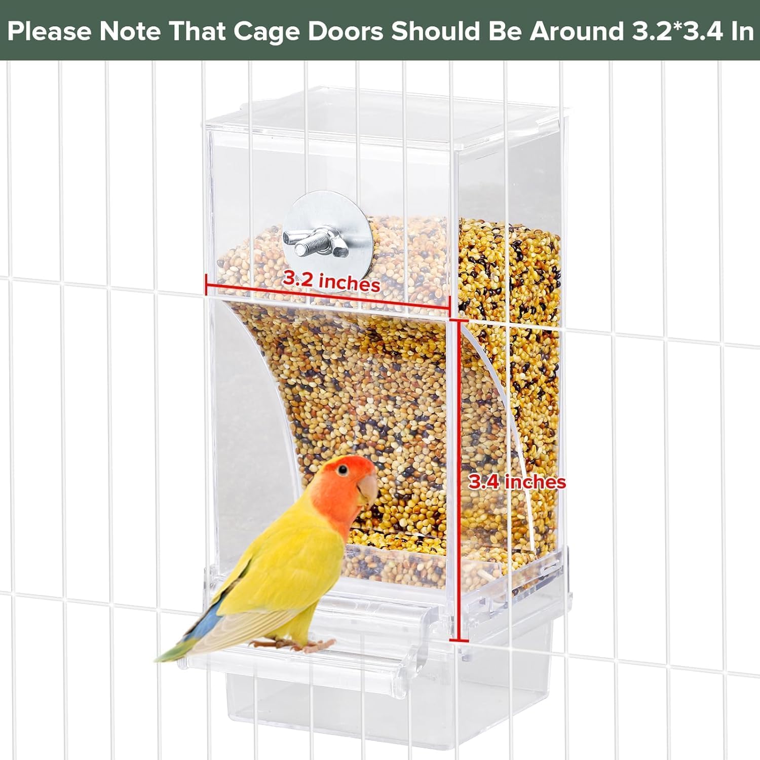Bird perched on a transparent bird feeder with measurements indicated at Pet Servo