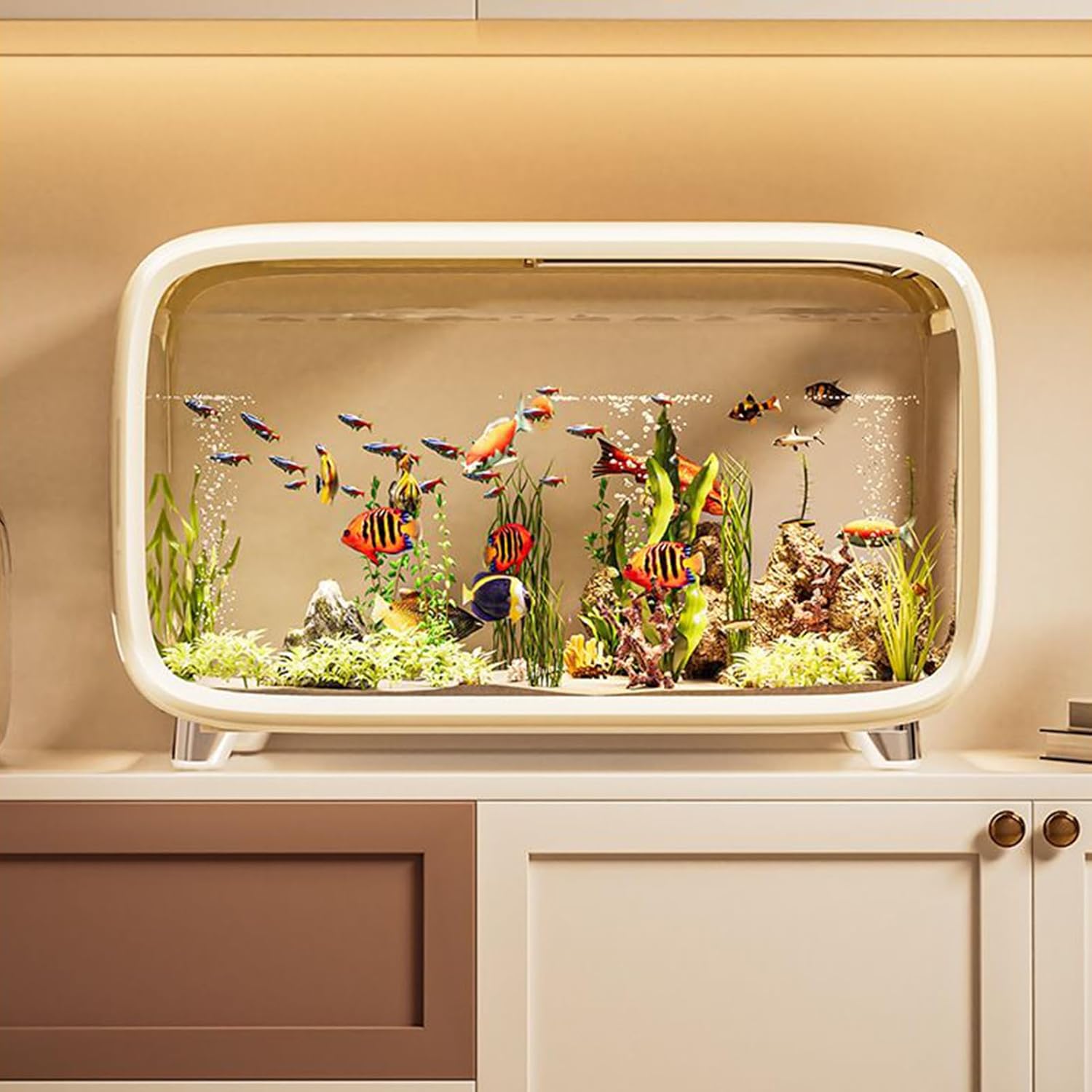Modern fish tank with colorful fish and plants on a beige cabinet at Pet Servo