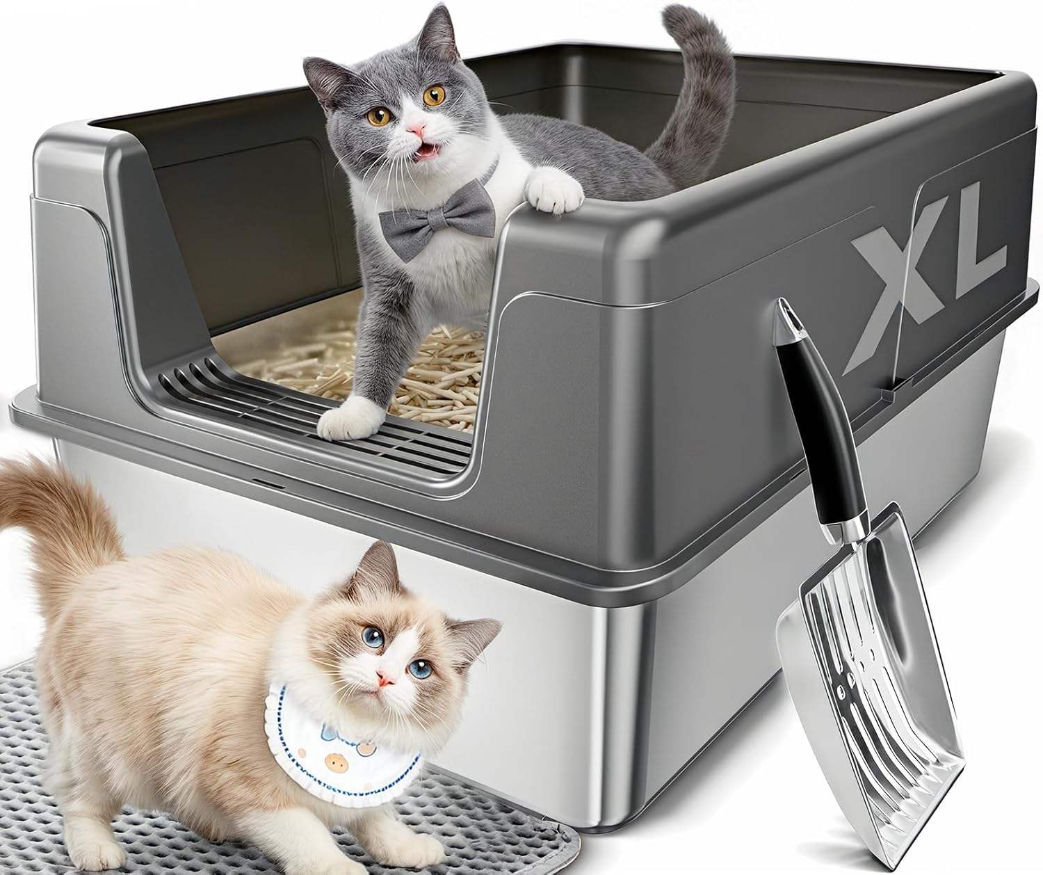 Cat litter box with two cats and a scoop on a light background at Pet Servo