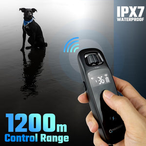 Dog training remote control with waterproof feature and long-range capability, held by a person at Pet Servo