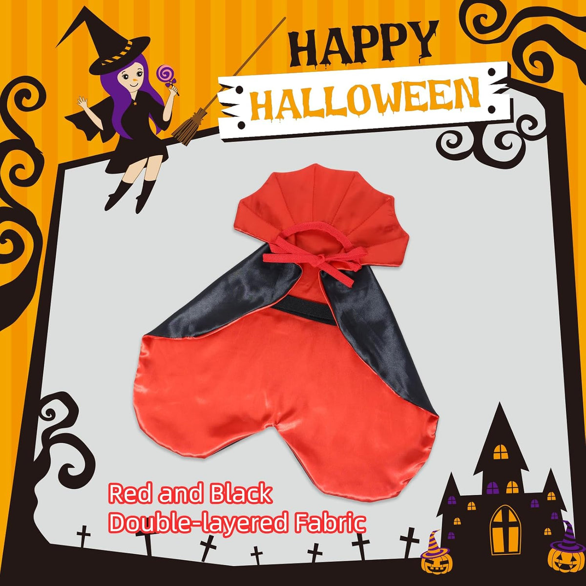 Red and black double-layered fabric with Halloween-themed border and text.