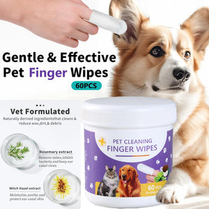A jar of pet cleaning finger wipes is shown in front of a dog, with a human hand holding a white wipe above the dog. Text on the image reads 'Gentle & Effective Pet Finger Wipes' and '60PCS' at Pet Servo