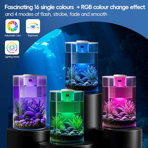Set of small aquariums with RGB color change effect on a dark background