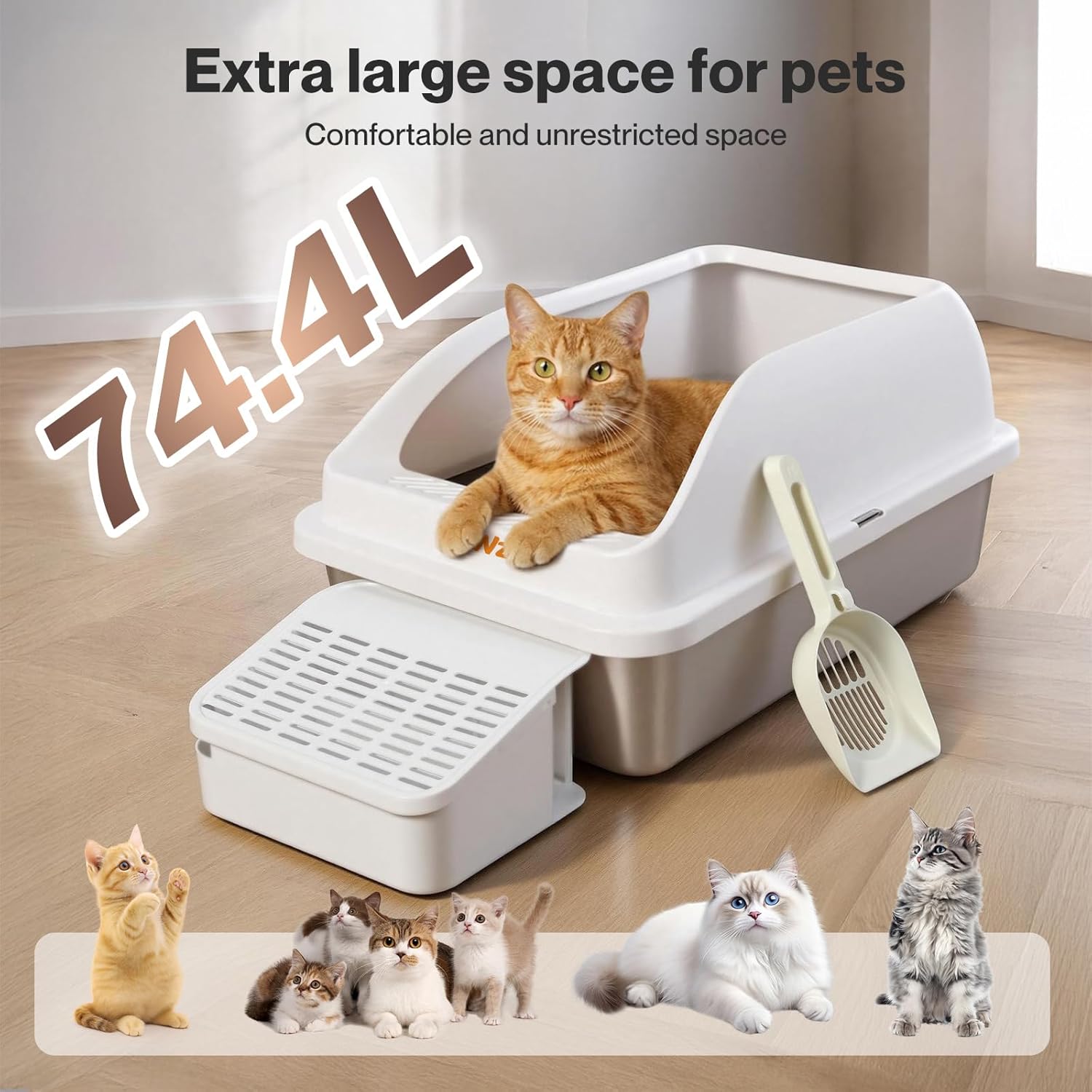 Pawz - 74.4L Anti-Urine Leakage Extra-Large Stainless-Steel Litter Box with Lid for Big Cats at Pet Servo