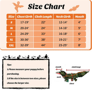 Puppy size chart graphic with a size table for S through XXL, including chest girth, cloth length, neck girth, and mouth measurements. The chart also includes a tips box and a crocodile illustration showing how to measure the puppy's mouth, neck, and chest.