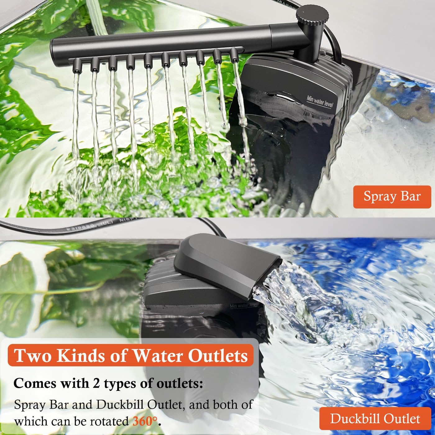 Aquarium filter with spray bar and duckbill outlet, showing water flow in an aquarium setting at Pet Servo