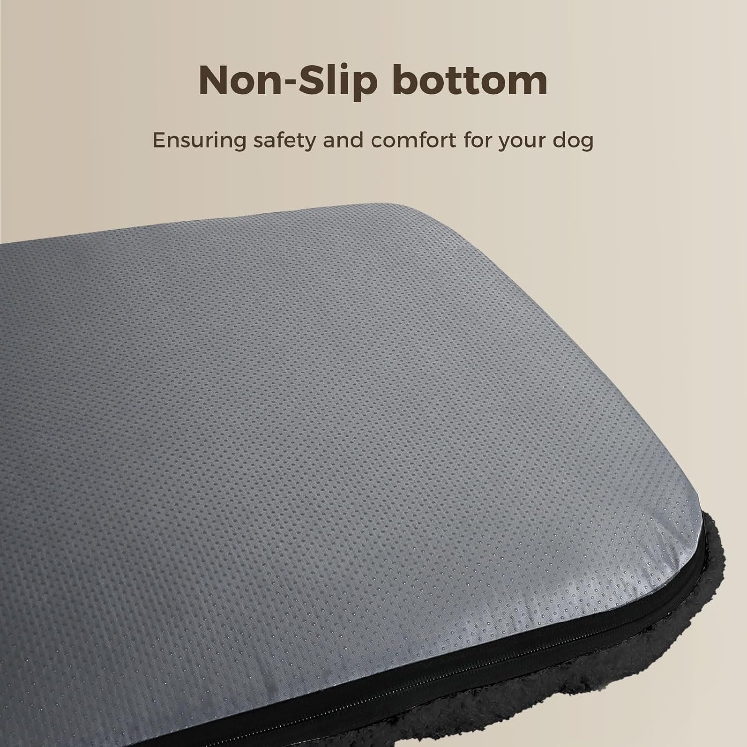 Gray pet bed with non-slip bottom on a beige background at Pet Servo