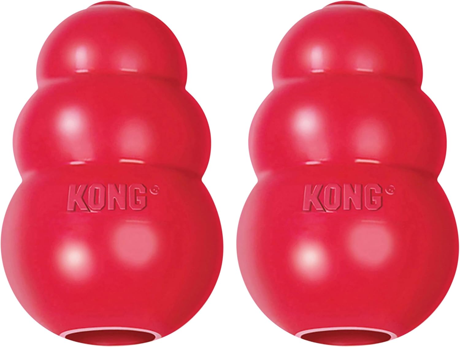 Two red KONG dog toys on a white background at Pet Servo