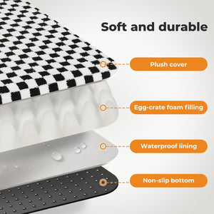 Product with checkered cover, plush cover, egg-crate foam filling, waterproof lining, and non-slip bottom features at Pet Servo