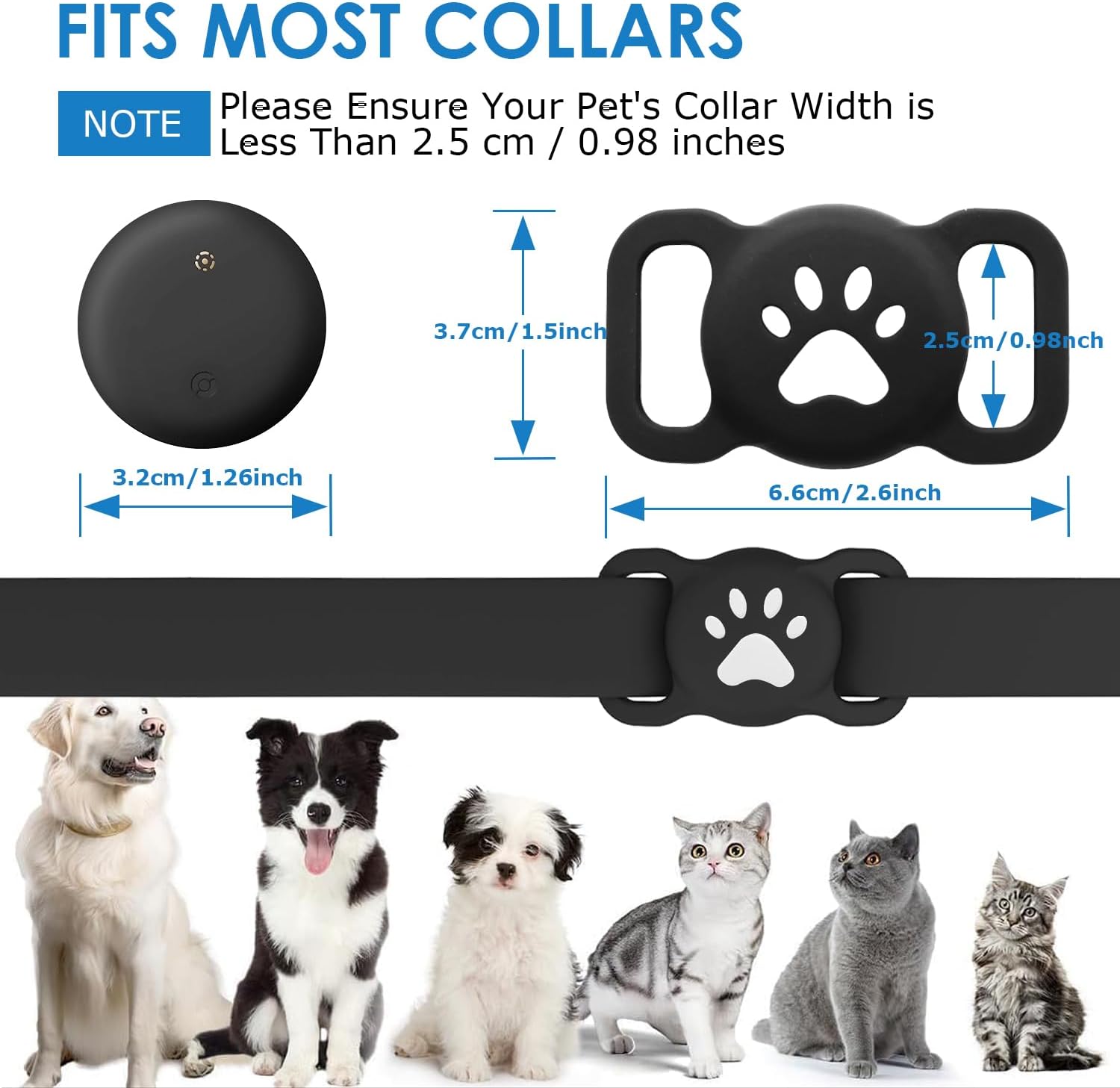 Black dog collar with paw design, measurements, and compatibility with various pets at Pet Servo