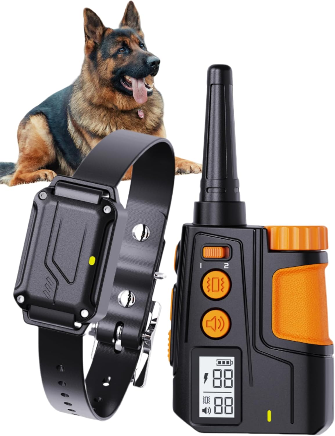 Dog training collar with remote control and a German Shepherd in the background at Pet Servo
