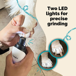 Person using a pet nail grinder on a dog's paw with text about LED lights for precise grinding.