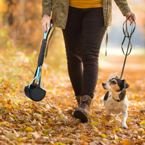Person walking a dog on a leash with a portable dog waste bag holder in an autumn setting at Pet Servo