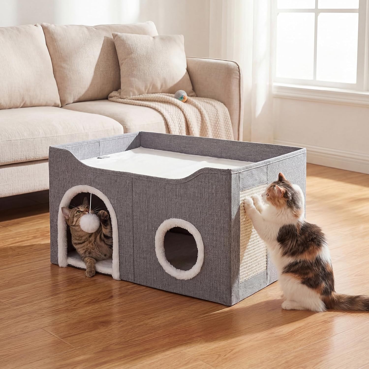 Pawz Large Enclosed Bed with Scratch Pad House for Indoor Cats, Grey at Pet Servo