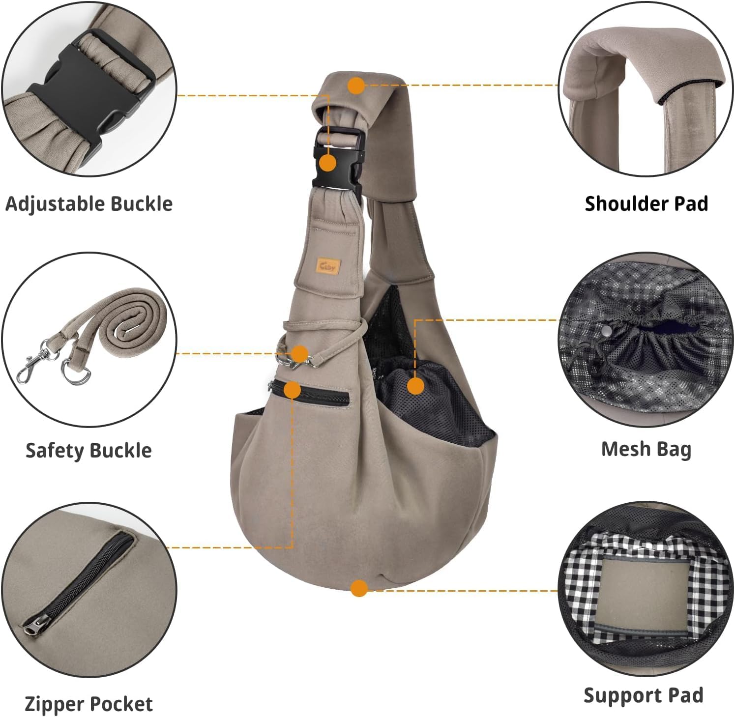 Pet sling carrier with various features highlighted on a white background at Pet Servo