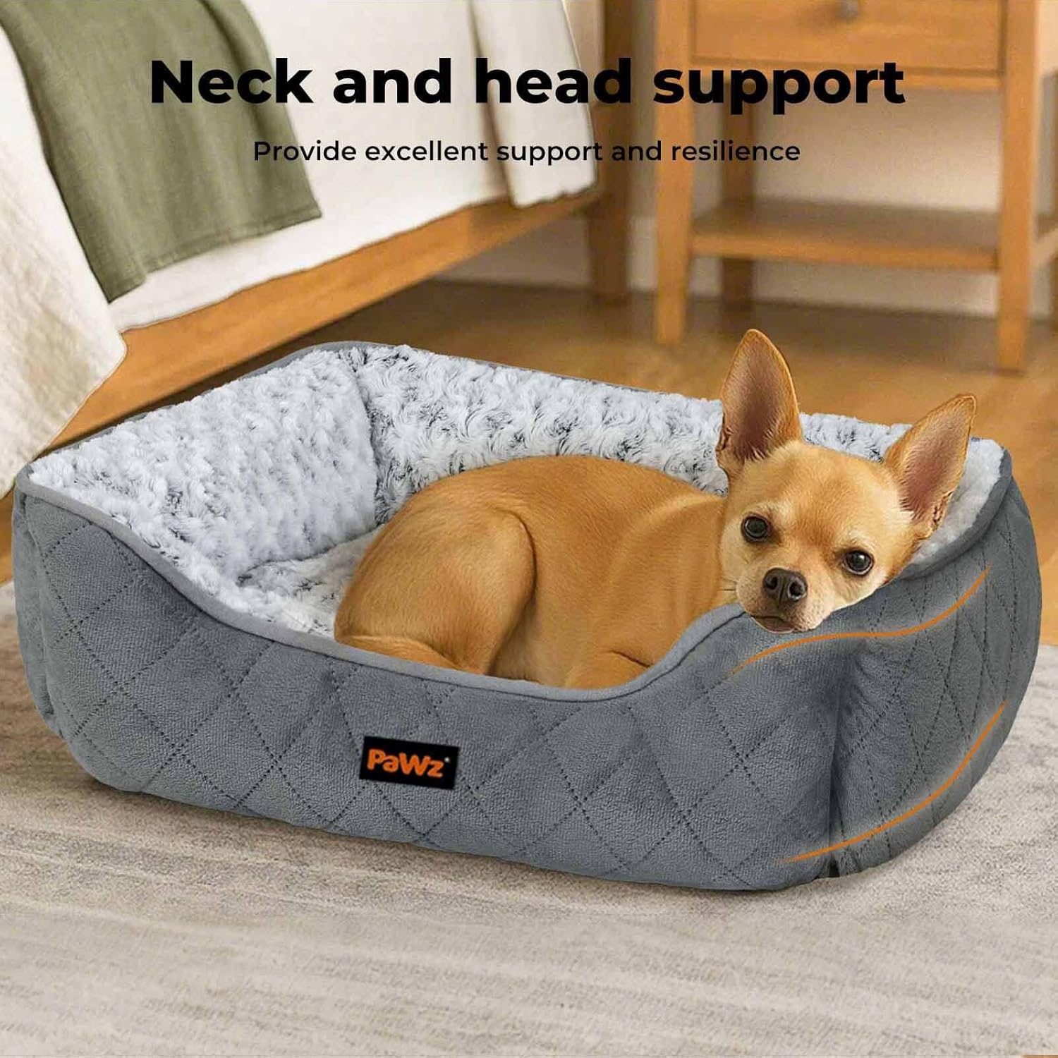 Dog lying in a gray pet bed with 'PaWz' branding, text about neck and head support at Pet Servo