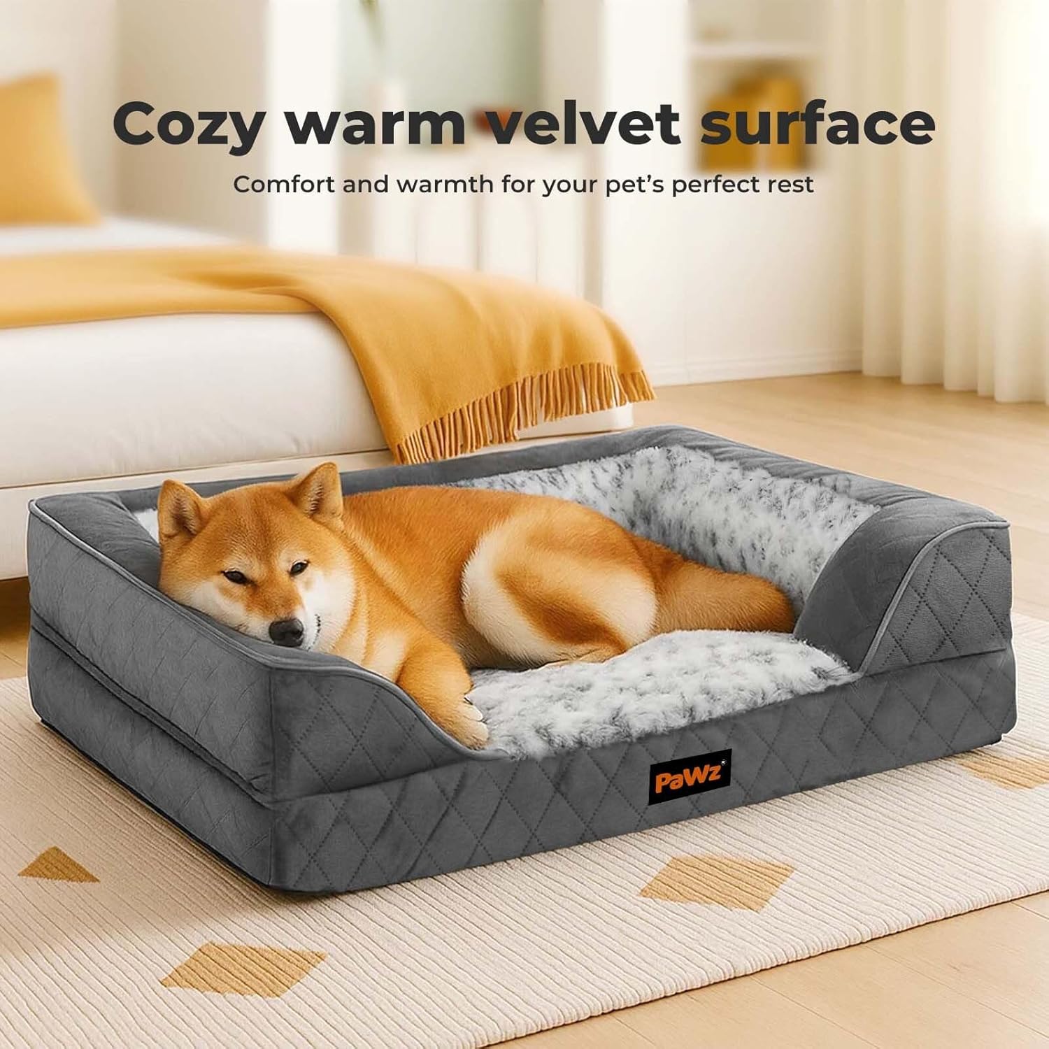 Pawz XL Orthopedic Rectangle Pet Bed with Supportive Foam Bolster Couch & Waterproof Lining at Pet Servo