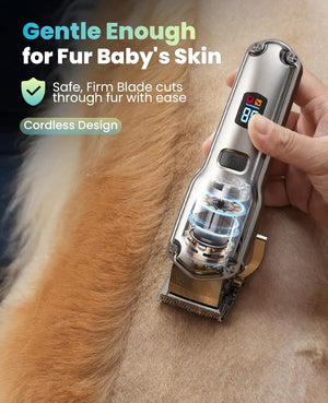 Dog grooming clipper being used on a pet with text highlighting safety and design features at Pet Servo