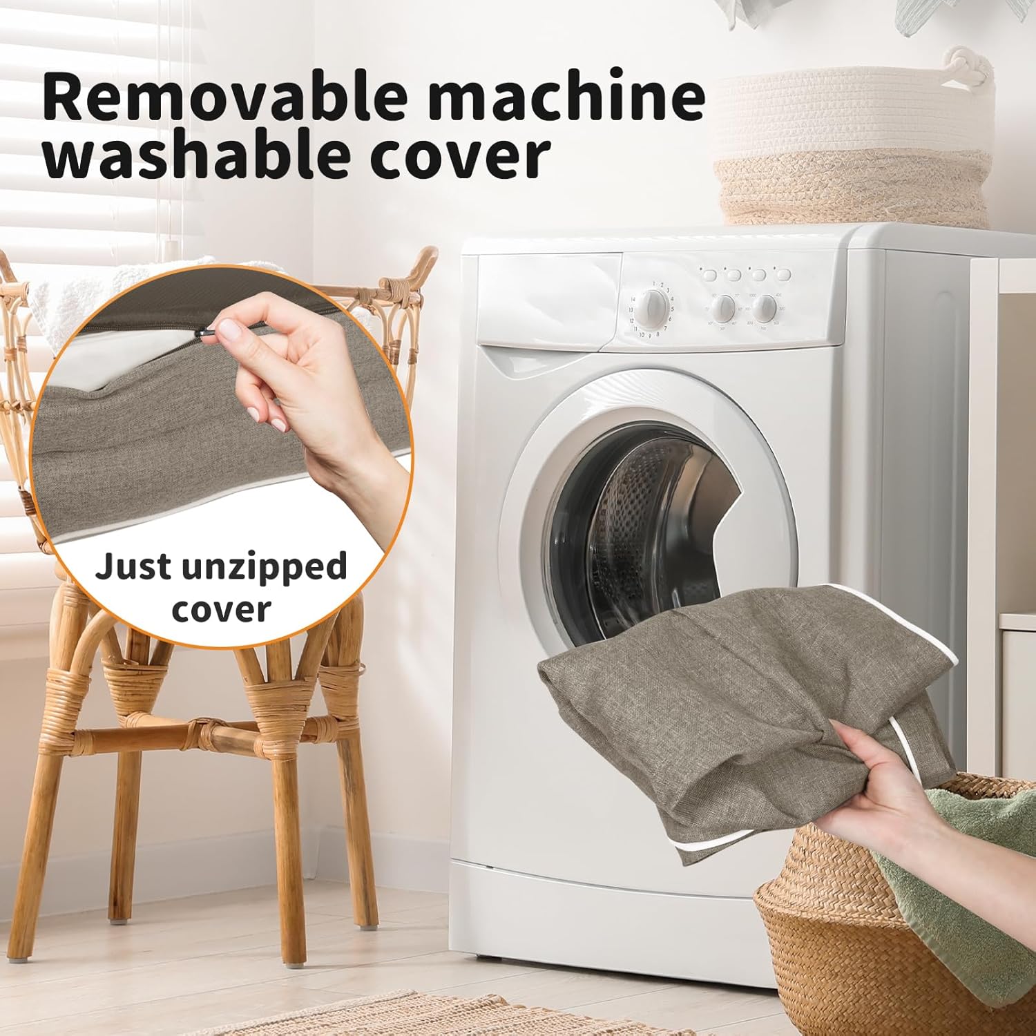 Person holding a removable machine washable cover next to a washing machine at Pet Servo
