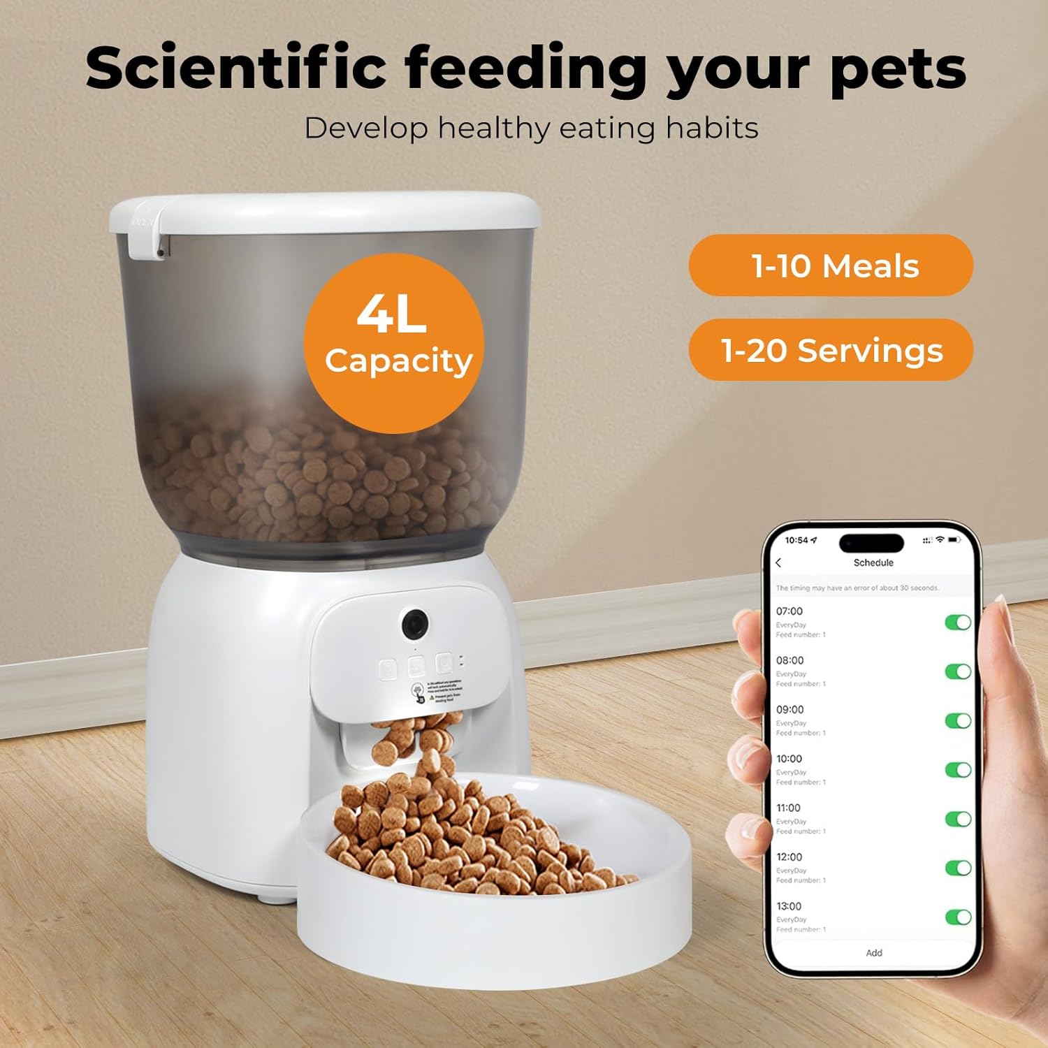 A white automatic pet feeder with a 4L capacity container dispensing kibble into a bowl, shown on a wood floor with promotional text and a hand holding a smartphone screen at Pet Servo