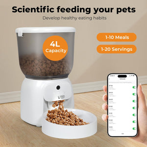 A white automatic pet feeder with a 4L capacity container dispensing kibble into a bowl, shown on a wood floor with promotional text and a hand holding a smartphone screen at Pet Servo