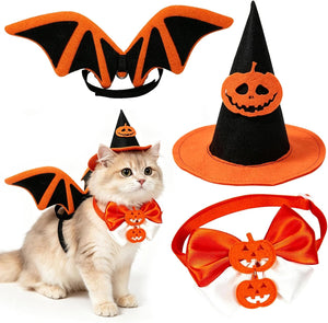 Halloween pet costume set featuring a cat wearing a witch hat with a pumpkin face, orange bat wings, and an orange bow tie, alongside separate costume components on a white background.