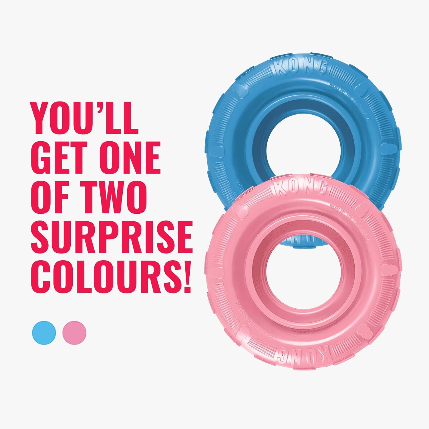Two inflatable rings, one blue and one pink, with text indicating two surprise colors at Pet Servo