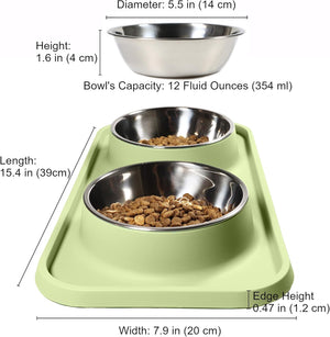 Green pet feeding station with three metal bowls containing food, showing measurements and capacity details at Pet Servo