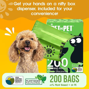 Pet waste bag packaging with a dog and green dispenser on an orange background