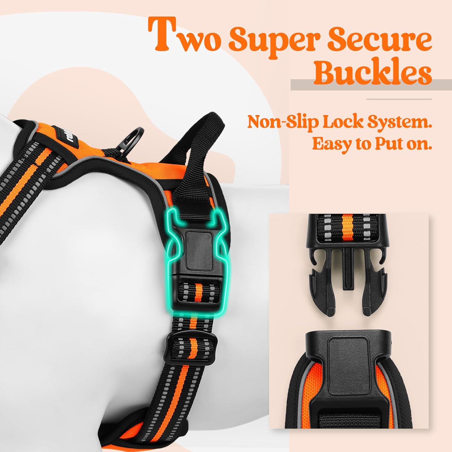 Dog harness with two super secure buckles on a light background at Pet Servo