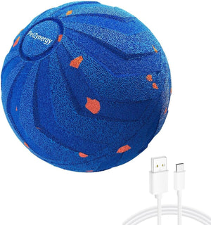 Blue textured ball with orange accents and a USB cable on a white background at Pet Servo