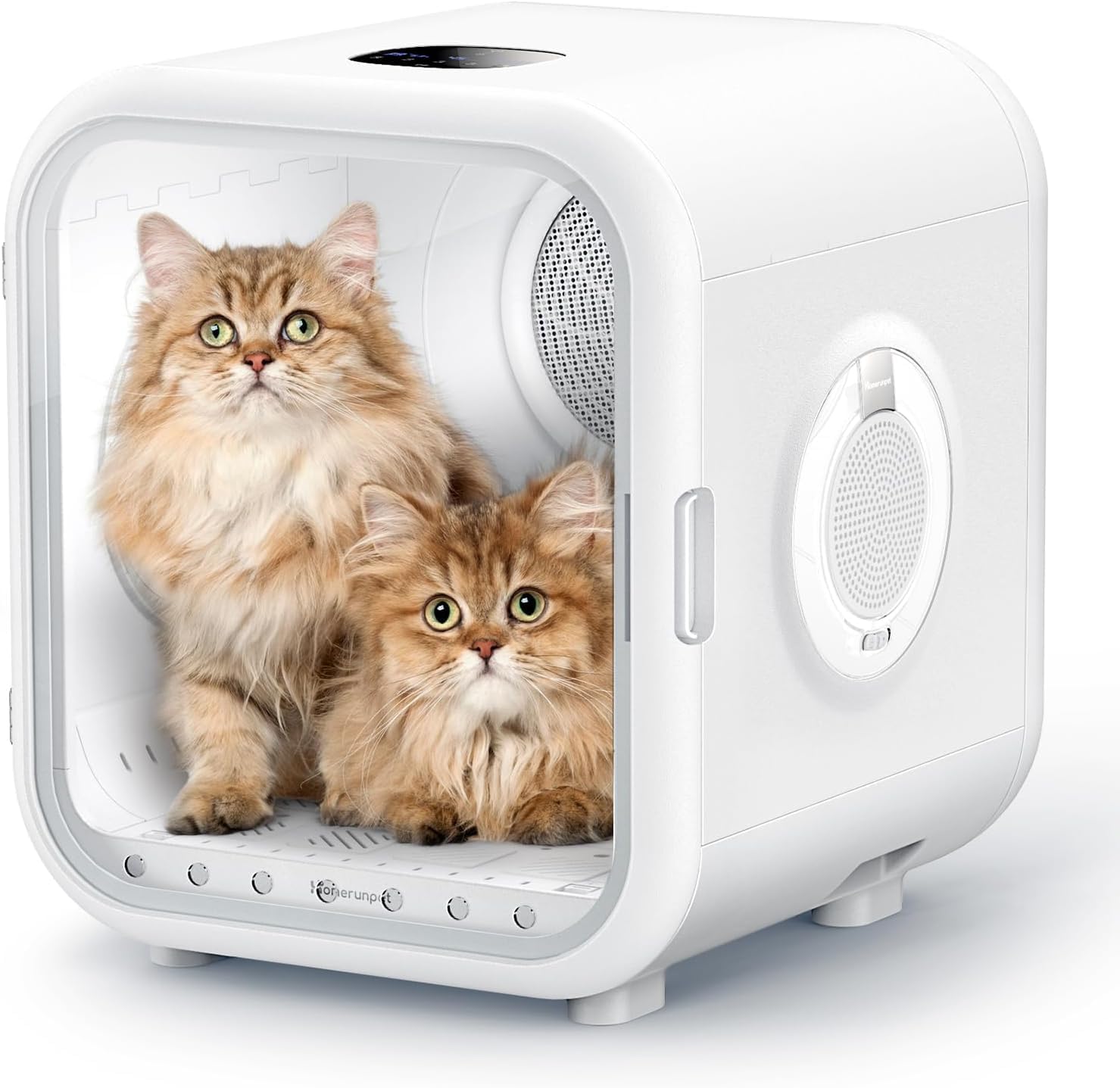 Two fluffy cats inside a white pet carrier with speakers on a light gray background