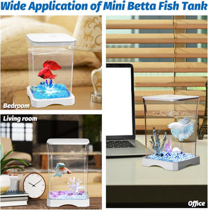 Collage of a mini betta fish tank in various settings including bedroom, living room, and office at Pet Servo