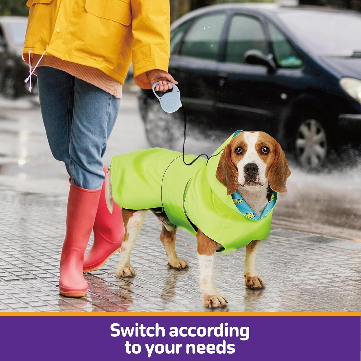 Person walking a dog on a leash in the rain, both wearing raincoats at Pet Servo