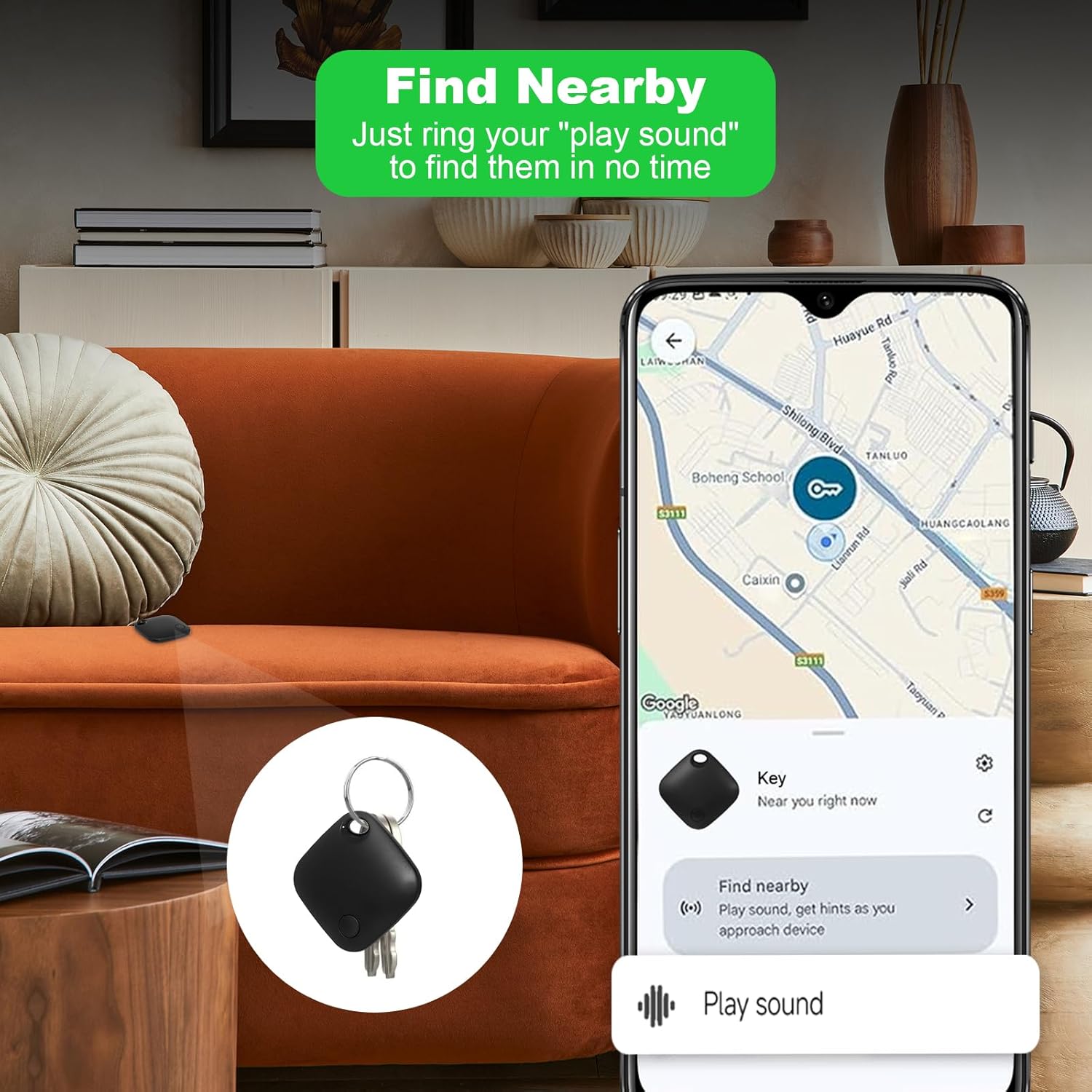 Smart keychain with app on phone showing location in a living room setting at Pet Servo