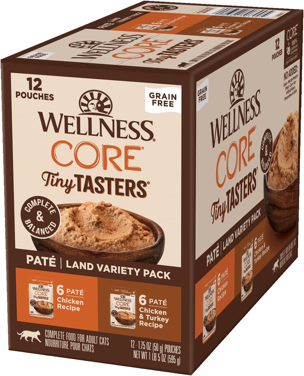 Box of Wellness Core Tiny Tasters cat food with various flavors on a white background at Pt Servo