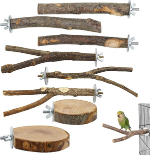 Set of wooden bird perches and platforms on a white background at Pet Servo