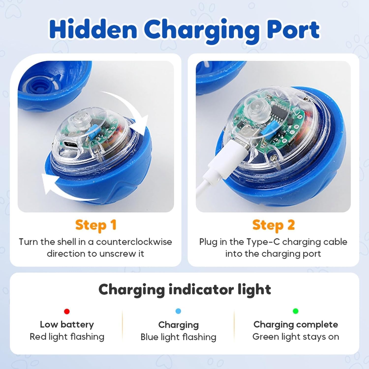 Instructions for using a device with a hidden charging port, showing steps and charging indicator lights at Pet Servo