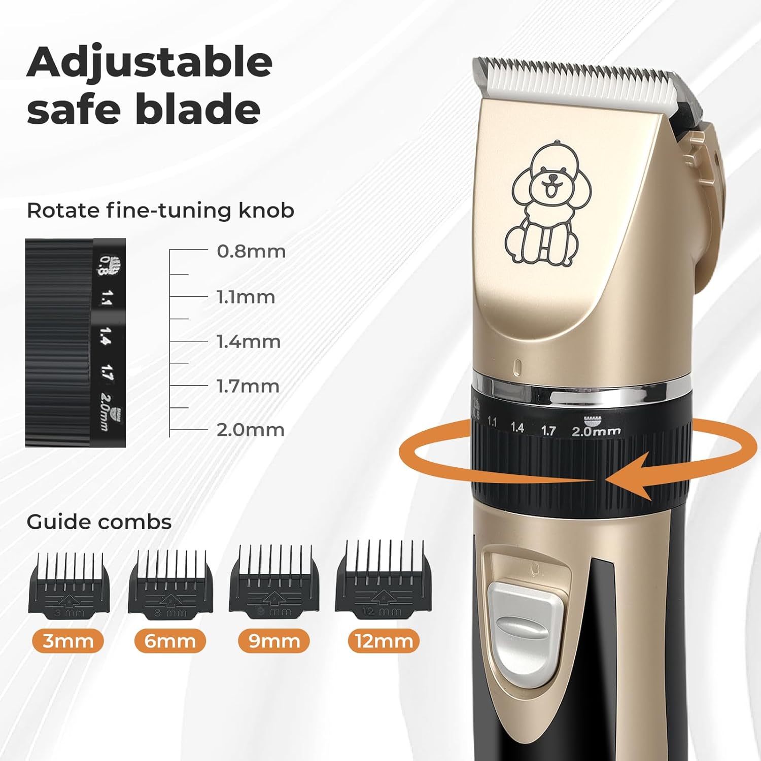 Pet hair clipper shown on a light gray graphic background with feature callouts: 'Adjustable safe blade,' 'Rotate fine-tuning knob,' and 'Guide combs' with four black comb guards labeled 3mm, 6mm, 9mm, and 12mm. The clipper itself is metallic champagne gold with black and silver sections and a small dog outline graphic on the clipper head at Pet Servo