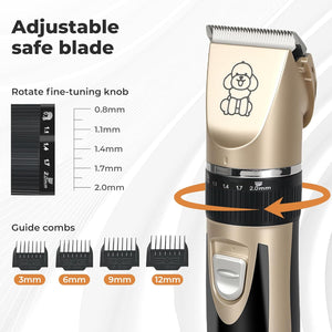 Pet hair clipper shown on a light gray graphic background with feature callouts: 'Adjustable safe blade,' 'Rotate fine-tuning knob,' and 'Guide combs' with four black comb guards labeled 3mm, 6mm, 9mm, and 12mm. The clipper itself is metallic champagne gold with black and silver sections and a small dog outline graphic on the clipper head at Pet Servo