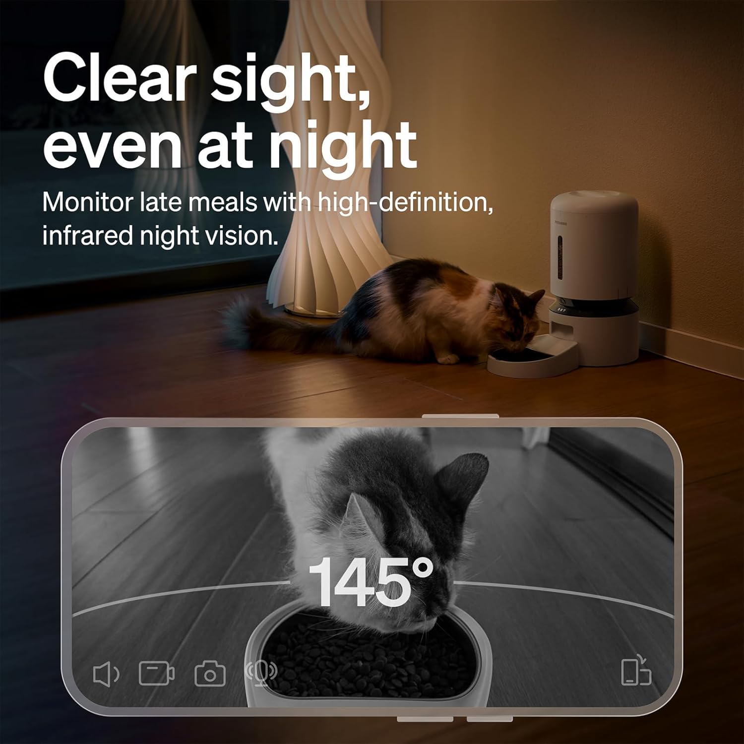 Cat sitting on a wooden floor with a smartphone displaying night vision camera view, text about high-definition infrared night vision.