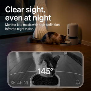 Cat sitting on a wooden floor with a smartphone displaying night vision camera view, text about high-definition infrared night vision.