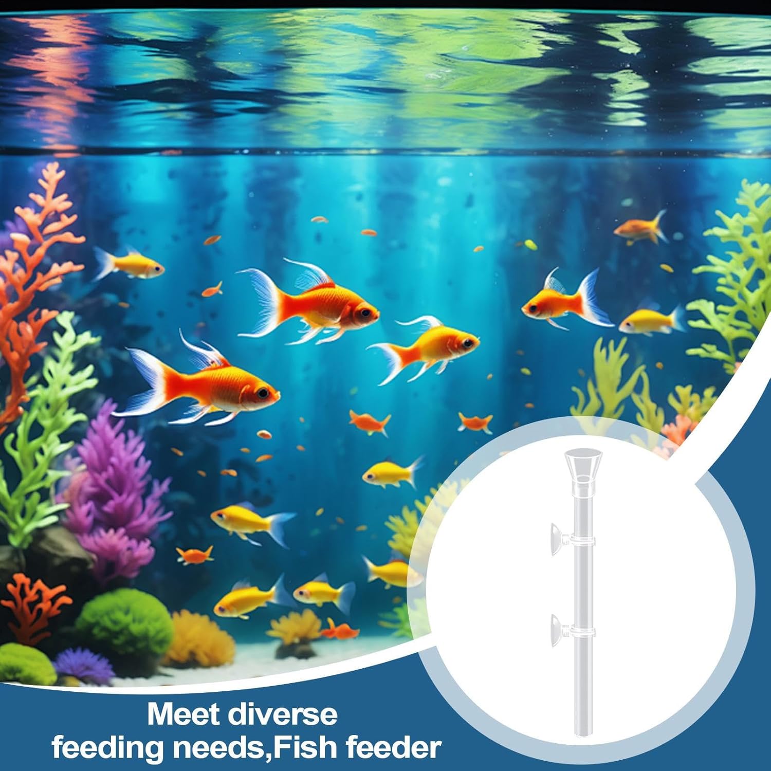 Fish tank with colorful fish and coral, featuring a fish feeder at Pet Servo