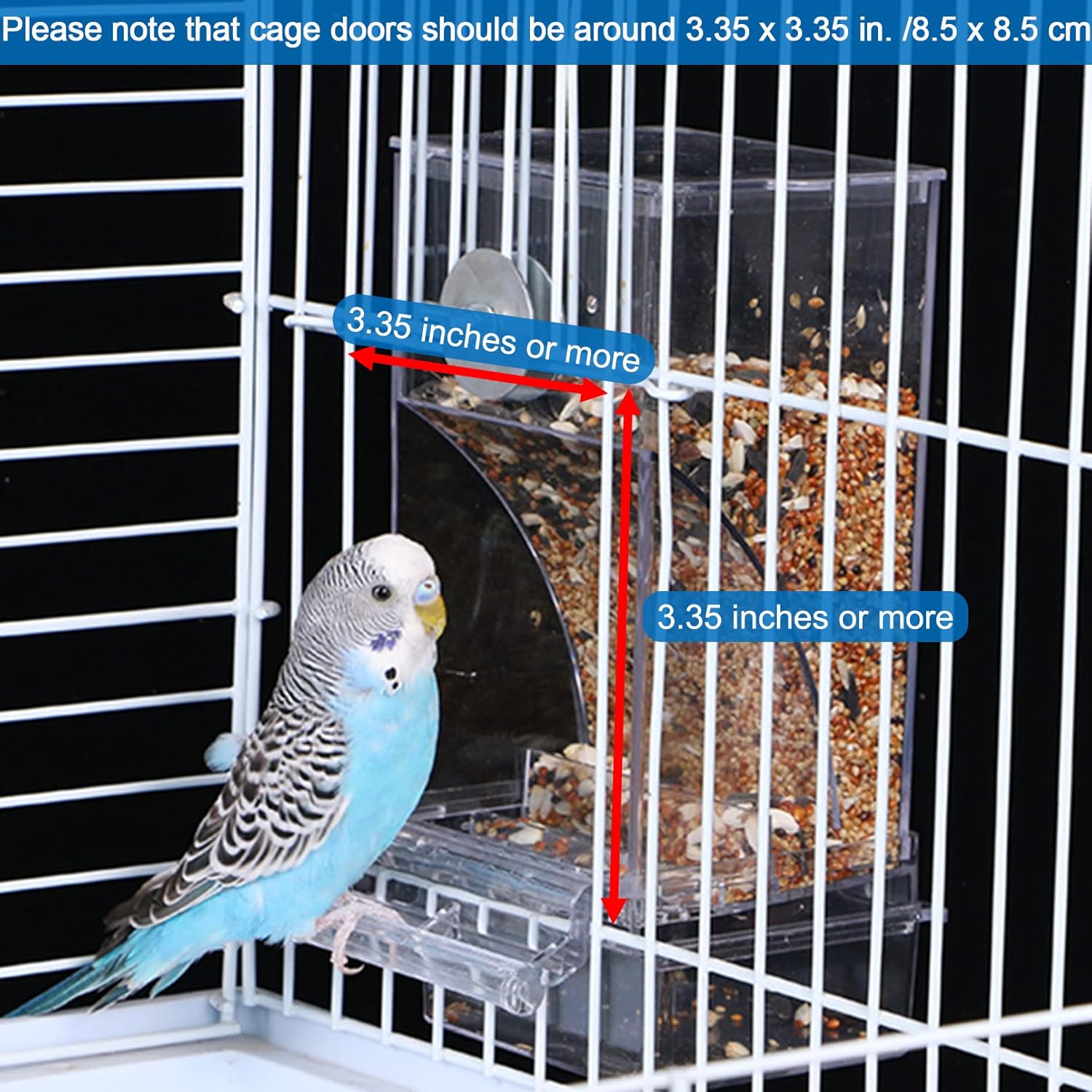 Bird in a cage with measurements indicated for cage doors at Pet Servo
