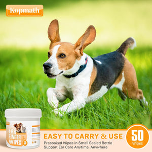 Dog running on grass with a container of ear finger wipes in the foreground, featuring the Kopmath brand at Pet Servo