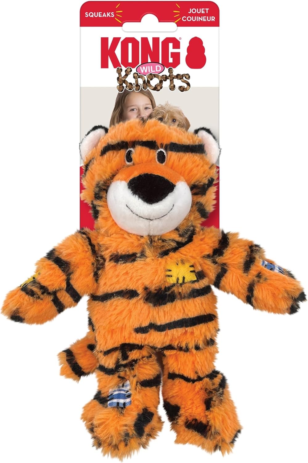Kong Wild KNOTS plush tiger dog toy in orange and black stripes, shown with its retail hanging card packaging on a white background at Pet Servo