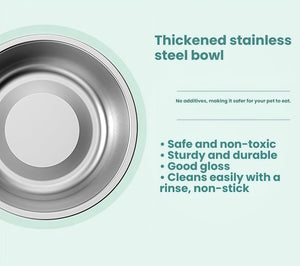 A thickened stainless steel pet bowl shown on a pale mint background with marketing text describing its features, including thickened steel construction, no additives, and easy cleaning at Pet Servo
