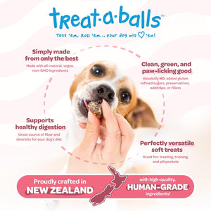 Advertisement for Treat-a-Balls dog treats with a dog eating a treat and text about the product's features at Pet Servo